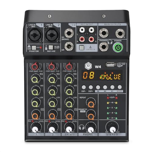 4 Channel Mixer with MP3 Player and 16 DSP Effects, Bluetooth and Recording Support, 48V Phantom...