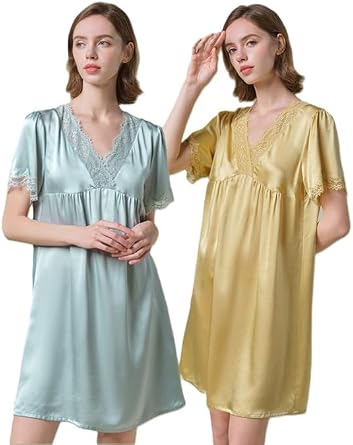 Pure Silk Nightgown V-neck Short Sleeve Silk Nighty with Lace in Blue Opal and Sandy Brown