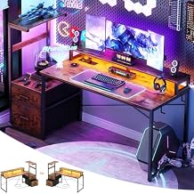 Aheaplus Gaming Desk with LED Strip & Power Outlet, 59Inch Reversible Computer Desk with Monitor Stand & Storage Shelves, Home Office Desks with Fabric File Drawer, Gamer Table PC Desk, Rustic Brown