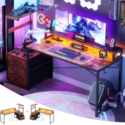 Aheaplus 59" Gaming Desk with RGB LED & Power Outlet &PC Case/Printer Stand