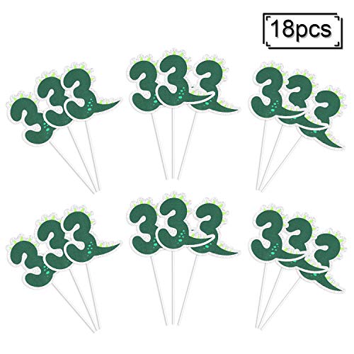 18Pcs Dinosaur Number 3 Cupcake Toppers - Jungle Jurassic Party Glitter Baby Dinosaur Party Supplies - Novelty Boy's 3Rd Birthday Decoration Favors #TOP4