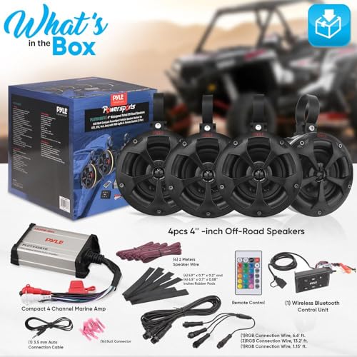 PyleUsa Bluetooth Off-Road Speakers with Amplifier-4" 800W 4-CH Marine Grade Waterproof Wakeboard Tower System,RGB Lights,Remote,BT Control Unit,Full Range Stereo Speaker for ATV UTV,Quad, Jeep, Boat - Thumbnail 3