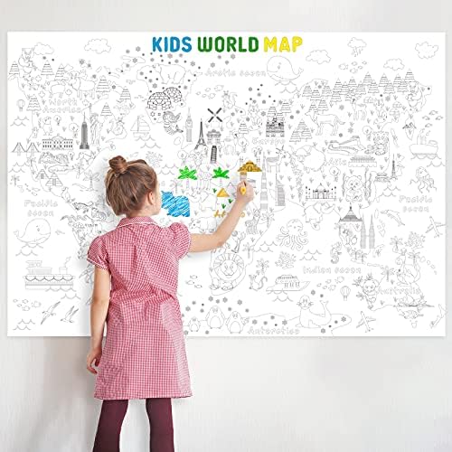 Giant Coloring Poster Jumbo Coloring World Map for Kids Large Coloring Book Kids World Map Coloring Poster Wall Doodle Art Coloring Education Poster for Classroom Home Birthday Party, 45.3 x 31.5 Inch