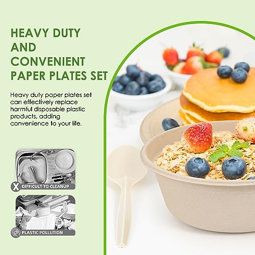 FEHHTO Disposable Paper Plates Set 300PCS Compostable Sugarcane Plates, Bowls, Heavy-duty Utensil, Biodegradable Napkins, Eco-friendly Dinnerware Set for Party Camping 50 People