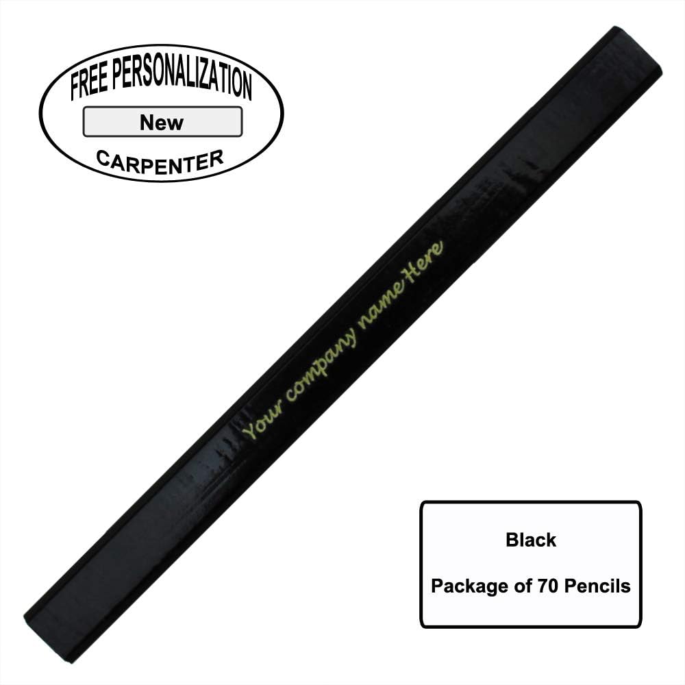EZPENCILS & GIFTS Personalized Carpenter Pencils Bulk – Black body – Package of 70 - Custom Text - 2HB black Lead – Wide Graphite - Art-Wood-Construction, **FREE-PERSONALIZATION**