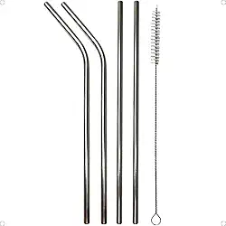 kit de Canudos de Inox Reutilizáveis Sustentáveis Dois Retos Dois Curvos com Pincel de Limpeza