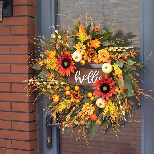 Image of 24 Inch Artificial Fall Wreaths for Front Door Outside with Hello Sign''