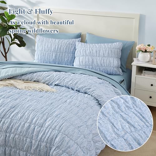 Full Size Comforter Sets - 7 Pieces Puff Cornflower Blue Floral Bedding Set for All Seasons, Shabby Chic Farmhouse Bed in a Bag Full with Floral Comforter, Sheets, Pillowcases & Shams