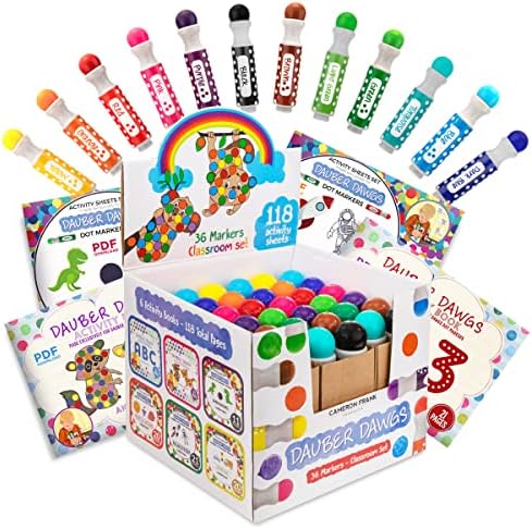 Washable Dot Markers 36 Pack With 118 Activity Sheets For Kids, Gift Set With Toddler Art Activities, Preschool Children Arts Crafts Supplies Kit, Special Holiday Bingo Dabbers Dobbers, Dauber Dawgs