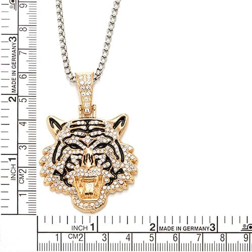 COOLSTEELANDBEYOND Men Gold-Tone Tiger Head Pendant Necklace with Rhinestones and Enamel Detail Statement Hip Hop Chain - Image 4