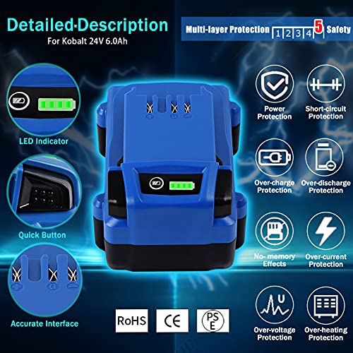 【6.0Ah!】 CaliHutt 24V Replacement Battery for Kobalt 24V Battery Max KB624-03 KB524-03 KB424-03 KB224-03 KB124-03 0673802 Lithium Ion Cordless Tools Battery[Can\'t FIT Snow Joe &Sun Joe &Chain Saw] - Thumbnail 7