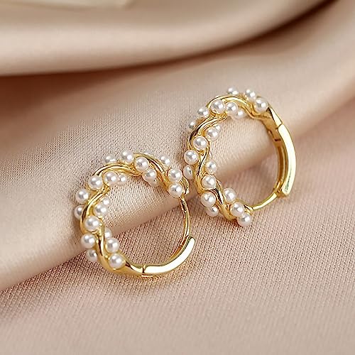 Pearl Hoop Earrings For Women Gold Pearl Twist Hoop Earrings Dainty Small Pearl Huggie Hoop Earrings Hypoallergenic Open Pearl Earrings Birthday Gift For Women Girls (Gold) #TOP5