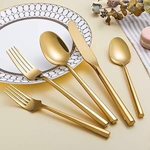 Silverware Set Flatware Set Shiny Gold Cutlery Set with Hexagon Handle Forged Stainless Steel Heavy 20 Pieces For Home Hotel Use Service for 4