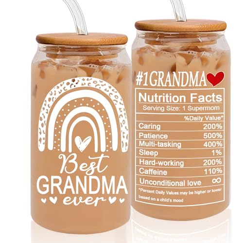 Grandna Cup 16 Oz Birthday Gifts Glass Cup Mother's Day Gifts for Mom from Daughter Son Best Grandma Ever Glass Cup