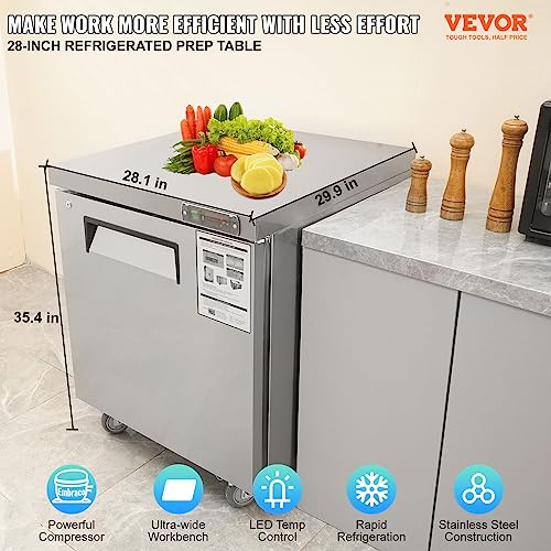 Image of VEVOR 28 inch W Commercial Refrigerator, Undercounter Worktop Refrigerator, 7.4 Cu. Ft Thick Stainless Steel Refrigerated Food Prep Station Fan Cooling Single Door Worktop Fridge with lock for Bar