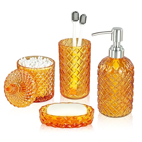LaMarriti Orange Bathroom Accessorires Set, 4Pcs Clear Glass Bathroom Accessories, Burnt Orange Lotion Soap Dispenser, Toothbrush Holder Set, Soap Dish, Qtips Holder for Modern Vibrant Bathroom Decor