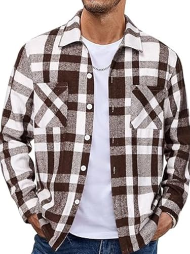 EUDOLAH Camisa de Franela Hombre a Cuadros Overshirt Manga Larga Estilo Leñador Cuello Abotonado y Ajuste Regular Fit Estilo Casual Vintage(S,Marrón)