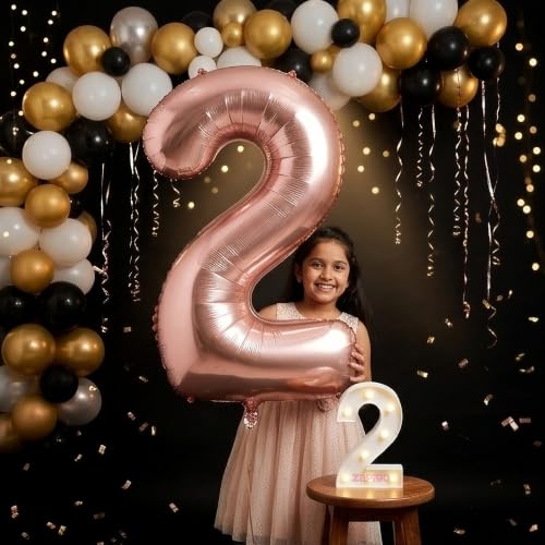 Image of Balloonistics Rose Gold 40-Inch Foil Number 2 Balloon with Matching LED Marquee Light - Combo Set for 2nd Birthday, Anniversary, Party Decoration, Photo Booth Backdrop, Cake Table Decor