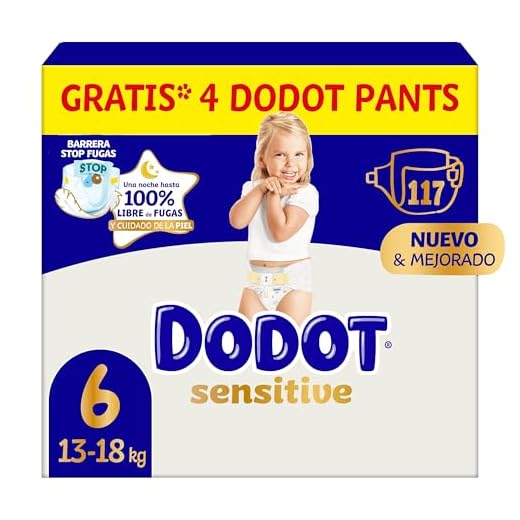 Dodot Pañales Bebé Sensitive 117 Pañales + 4 Pants Activity Extra Gratis, Óptima Protección de la Piel de Dodot, Pack Mensual, Talla 6 (+13 kg)