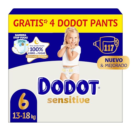 Dodot Pañales Bebé Sensitive, Talla 6 (+13 kg), 117 Pañales + 4 Pants de Regalo, Hasta 12 h De Protección Antifugas y Cuidado de la Piel, Pack Mensual