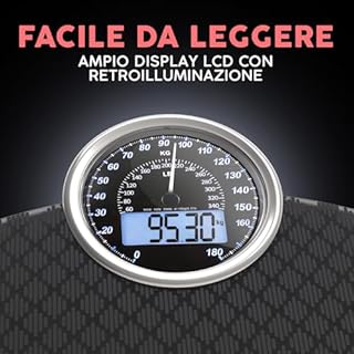 Adamson Bilancia Pesapersone Ibrida - Digitale & Analogica 2-in-1 - Fino a 180 kg - Ampio Display con Retroilluminazione - Robusto Vetro Temperato - Lettura Facile - NUOVO - Diamante Nero