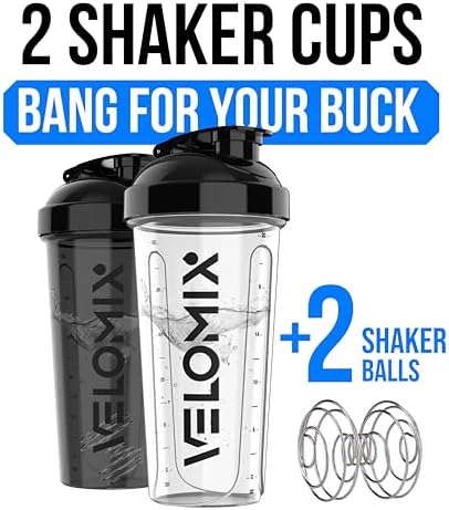 VELOMIX 2 Pack 28oz Protein Shaker Bottle for Protein Mixes, Black/Transpar - 1