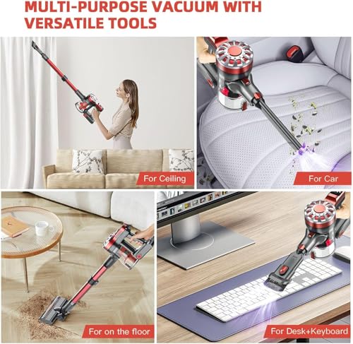 Image of WLOTPO Cordless Vacuum Cleaner for Home, Lightweight Stick Vacuum Cordless Rechargeable with Power Suction, Up to 35 Mins Runtime, Hardwood Floor Vacuum for Pet Hair, Carpets, Tile(Light Red)