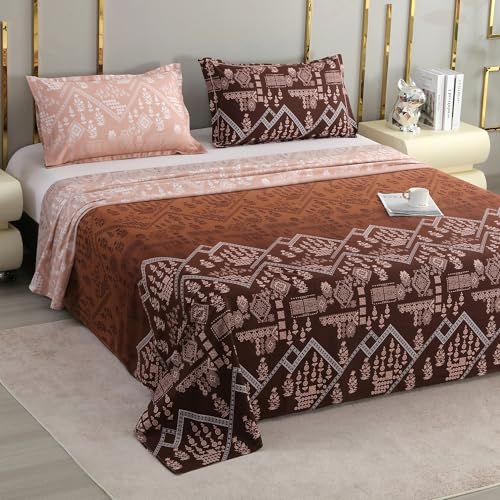 Image of Story@Home Luxe 400 TC Sateen Weave 100% Cotton Bedsheet King 270 cm x 270 cm Ombre Printed Soft Flat Sheet with 2 Pillow Covers 18 x 27 Inch Aztec Brown-Gift Packaging