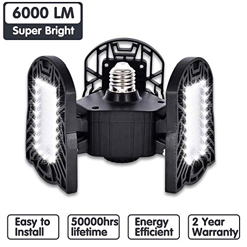 Intpro LED Garage Light Bulb, 60W Deformable Ceiling Light, 6500lm 6000K 110v E26/E27