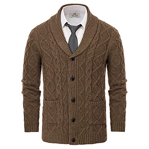 Button Down Cardigan Men Cable Knit Shawl Collar Sweaters Long Sleeve Coffee 2XL