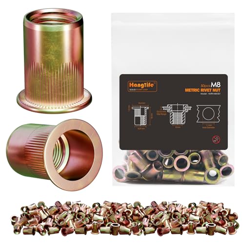 HANGLIFE Rivetti Filettati, M8 Metric Inserti Filettati (50 Pezzi) - Dadi per Rivetti a Testa Piatta, Zincati, in Acciaio al Carbonio con Corpo Zigrinato