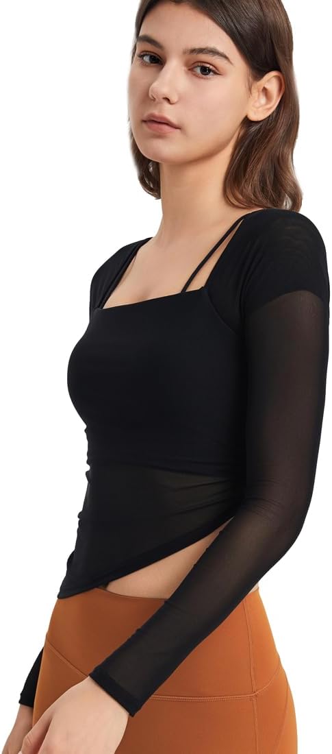 Harssidanzar Long Sleeve Workout Tops for Women Yoga Shirts Mesh Gym Athletic Tops with Sports Bra CL308US - Image 4