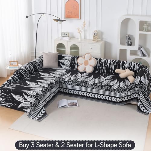 Image of HOKIPO Premium Chenille Printed Sofa Cover Throw Blanket 320 GSM for 3 Seater - All Season Use, 'Serene Abode Series' Black Fern Tribal (180x310 cm) (AR-6633-D4)