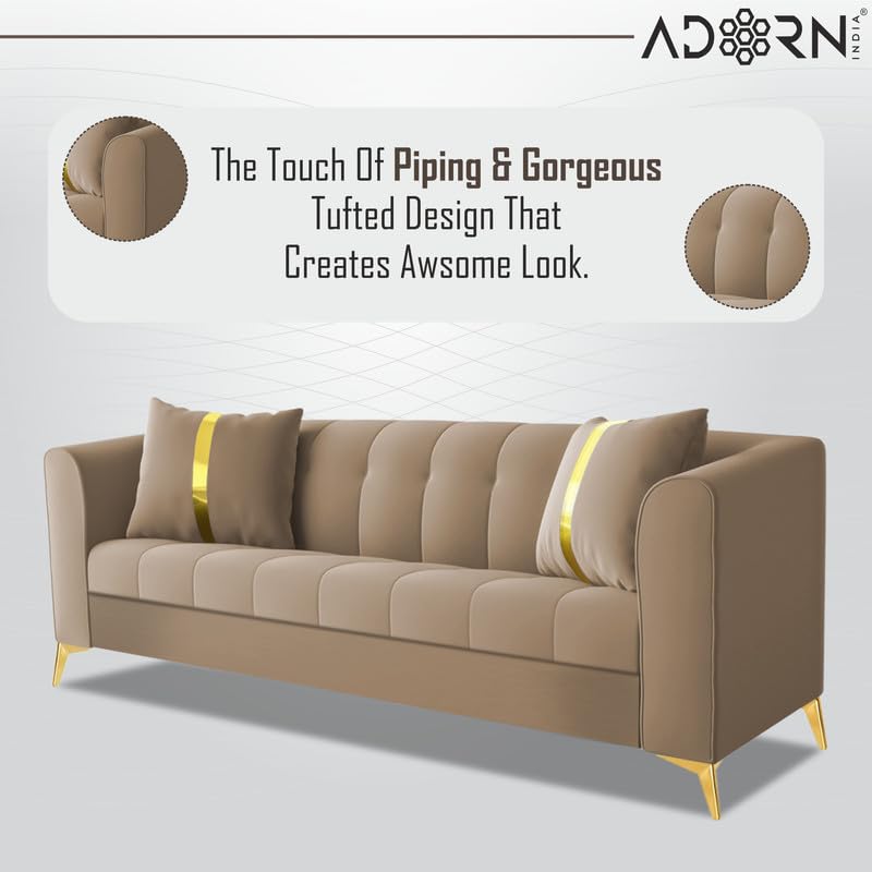 Image of Adorn India Premium Mystic - 3 Years Warranty - 3 Seater Sofa Velvet Suede Fabric - Beige