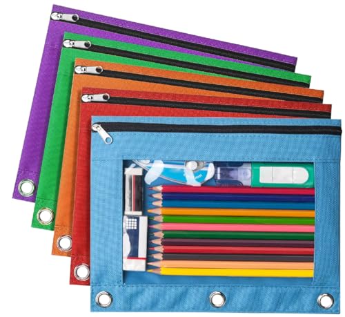 Forvencer 5 Pack Pocket for 3 Ring Binder, Large Pencil Case Pouch with 3 Reinforced Grommets, Pen Bag, Clear Window Pencil Case, Binder Accessories