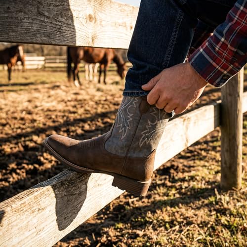 Image of Lumeheel Cowboy Boots for Men - Western Men's Boots with Classic Embroidered, Slip on Square Toe Boots, Slip Resistant Country Boots Chunky Heel Ankle, Durable Short Boots for Spring Fall