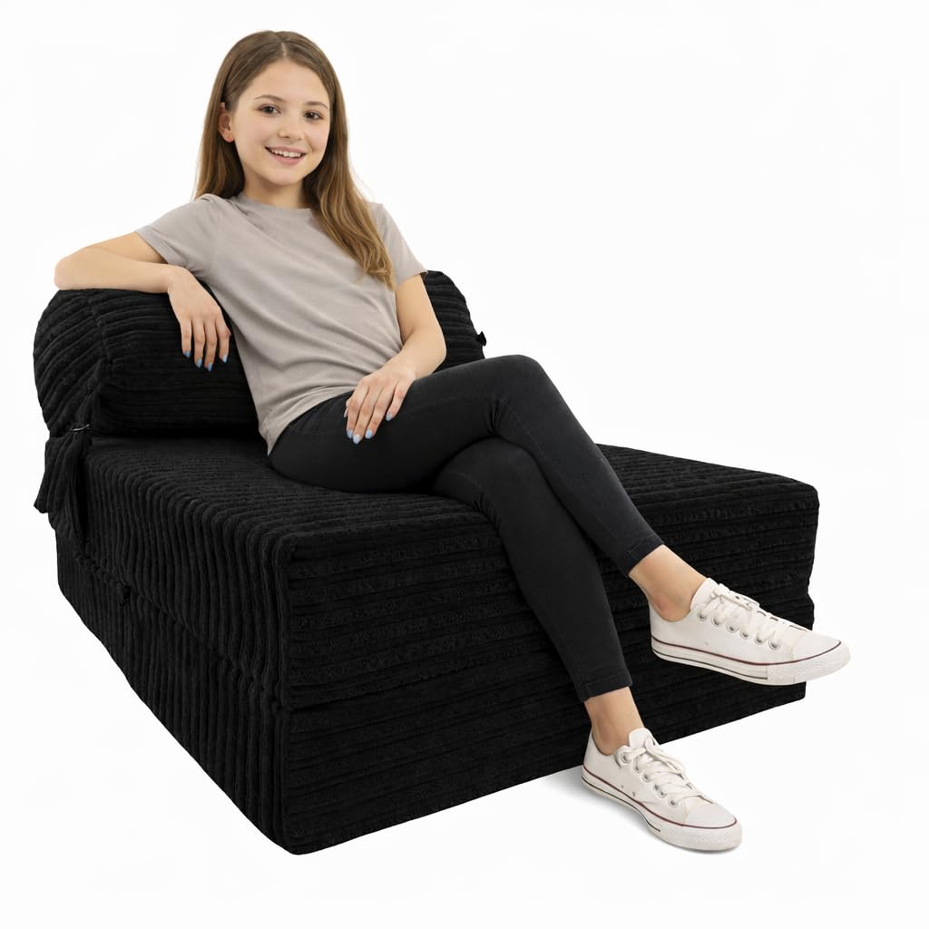 Futon Z Single Chair Bed | Folding Fold Out Single Z Bed Mattress | Fire Retardant Material | Soft & Comfortable Seat Sofa | Lightweight Sleepover Chair Sofa Futon (Black)