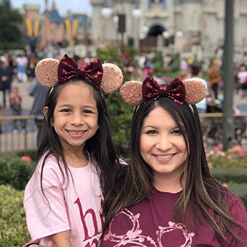 Image of CLGIFT rose gold Burgundy Minnie ears, rose gold Minnie, Minnie mouse ears, Burgundy wine Mickey ears, Rainbow Sparkle Mouse Ears,Classic Red Sequin Minnie Ears (Rose gold and burgundy)