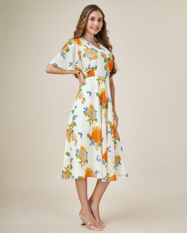 Image of MOJILAA Women's Georgette Floral Printed Gathered Dress