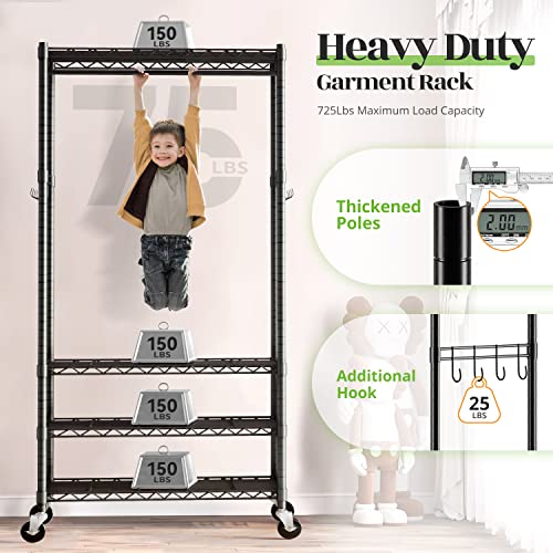 Hokeeper Heavy Duty Rolling Wire Garment Rack Clothes Rack With Wheels And Hooks, Adjustable Clothing Rack With 4 Tier Shelves, Portable Freestanding Closet Rack For Hanging Clothes, Max Load 725Lbs #TOP3