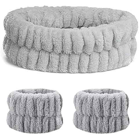 3 Pcs Grey Spa Headband Wrist Washband Set Soft Makeup Headbands Elastic Skincare Headband Yoga Sports Shower Facial Fluffy Headband wrist washband Makeup Hair Band for Girls Women Cover