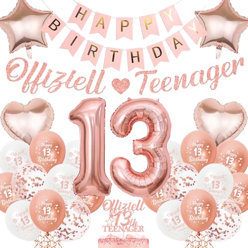 Xietaea Deko 13 Geburtstag Mädchen Roségold - Offiziell Teenager Geburtstagsdeko Happy Birthday Girlande Zahl Ballons Tortendeko und Folienballon für 13 Jahr Geburtstagsfeier Dekoration