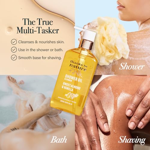 Image of Shower Oil for Women, 8.45 fl oz (Sweet Almond & Vanilla) | Body Wash With Vitamin E and Glycerin, Oil to Foam, Vegan, Paraben Free, Normal to Dry Skin