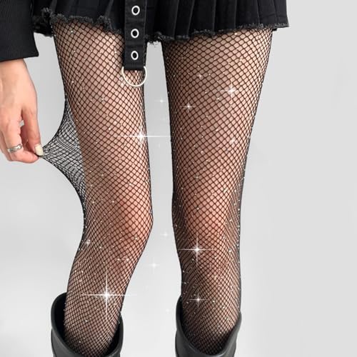 Image of Women Sparkly Mesh Fishnet Tights Glitter Rhinestone Fishnets Sexy Fashion Stockings for Girls Ladies