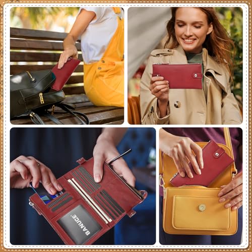 Banuce Full Grains Italian Leather Long Bifold Wallet for Women Large Capacity Clutch Purse ID Window 13pcs Card Holders Red4
