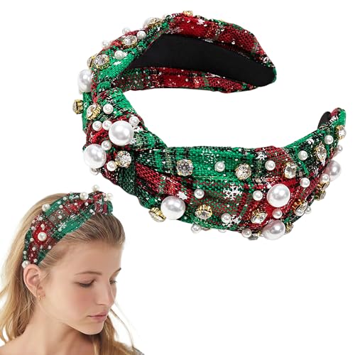 Heyiminy Christmas Headband for Women,White Pearl Rhinestone Crystal Beaded Knotted Headband Jeweled Wide Top Knot Hairband