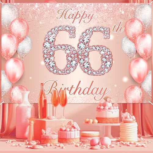 Image of Happy 66th Birthday Rose Gold Banner Cheers to 66 Years Old Backdrop Confetti Balloons Theme Decor for Women 66 Years Old Pink Birthday Party Decorations Bday Supplies Background Favors Gift Glitter