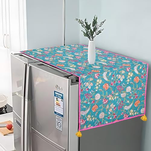 Image of Astitva Dust-Proof Fridge /Refrigerator Cover Cotton Washing Machine Top Protector with Side Storage Bags Universal Cover Cloth (Size - 103cm x 53cm, Each Pocket Size: 20 x 14 Cm) - Turquiose