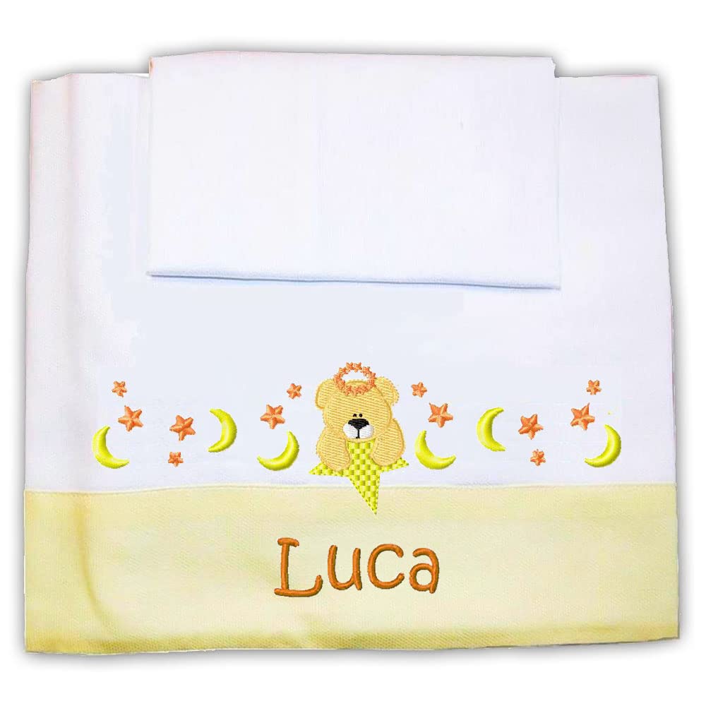 Zigozago - Set 3 pz Lenzuola in Piquet di cotone per Culla o Carrozzina con Ricamo Orso e Stelle | Colore Giallo | Federa, Lenzuolo e Coprimaterasso con Elastico | Misure 90x73 cm | Fatto a Mano