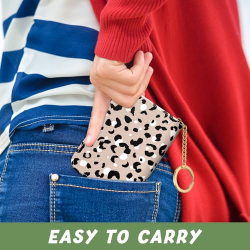 Image of Aiawoxc Credit Card Holder, Small RFID Wallet Slim Leather Card Organizer Case with Zipper and Keychain, Beige Leopard Print